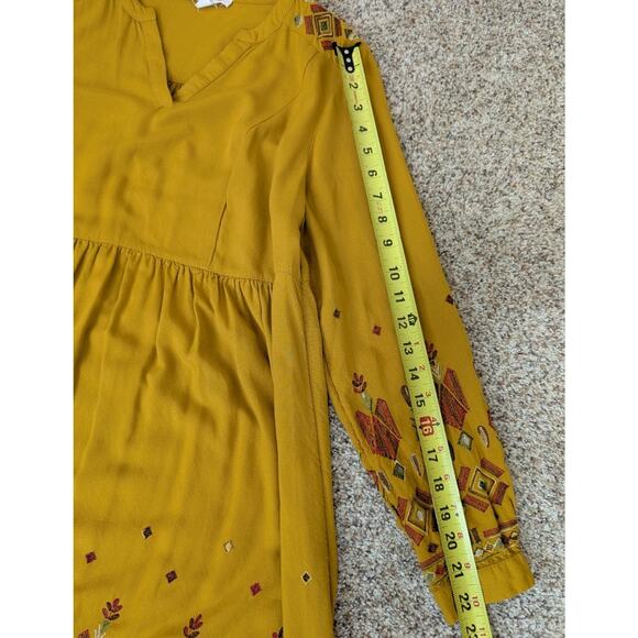 Womens S Boho Long Sleeve Dress Embroidered V Neck Gold Mustard Yellow Hippie - Picture 13 of 14